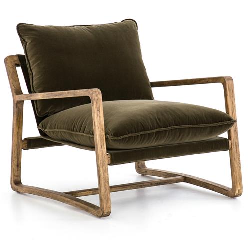 midcentury-modern wood and velvet armchair