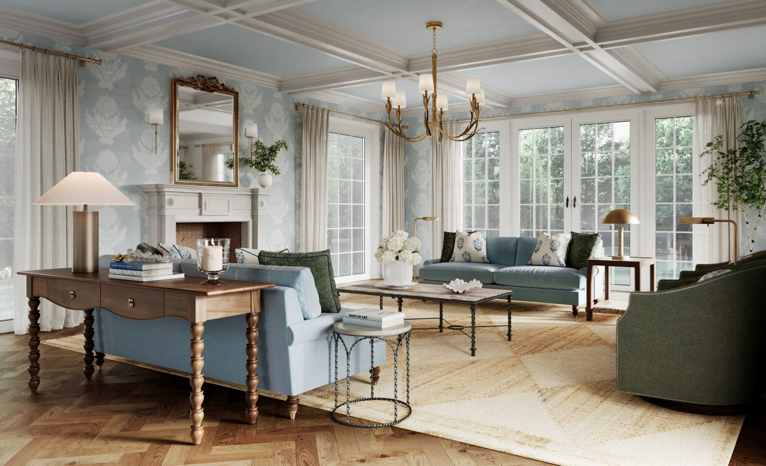 A living room with herringbone floors, coffered ceilings, blue patterned wallpaper, and a comfy seating area with blue velvet sofas, plush green swivel chairs, and x-base ottomans