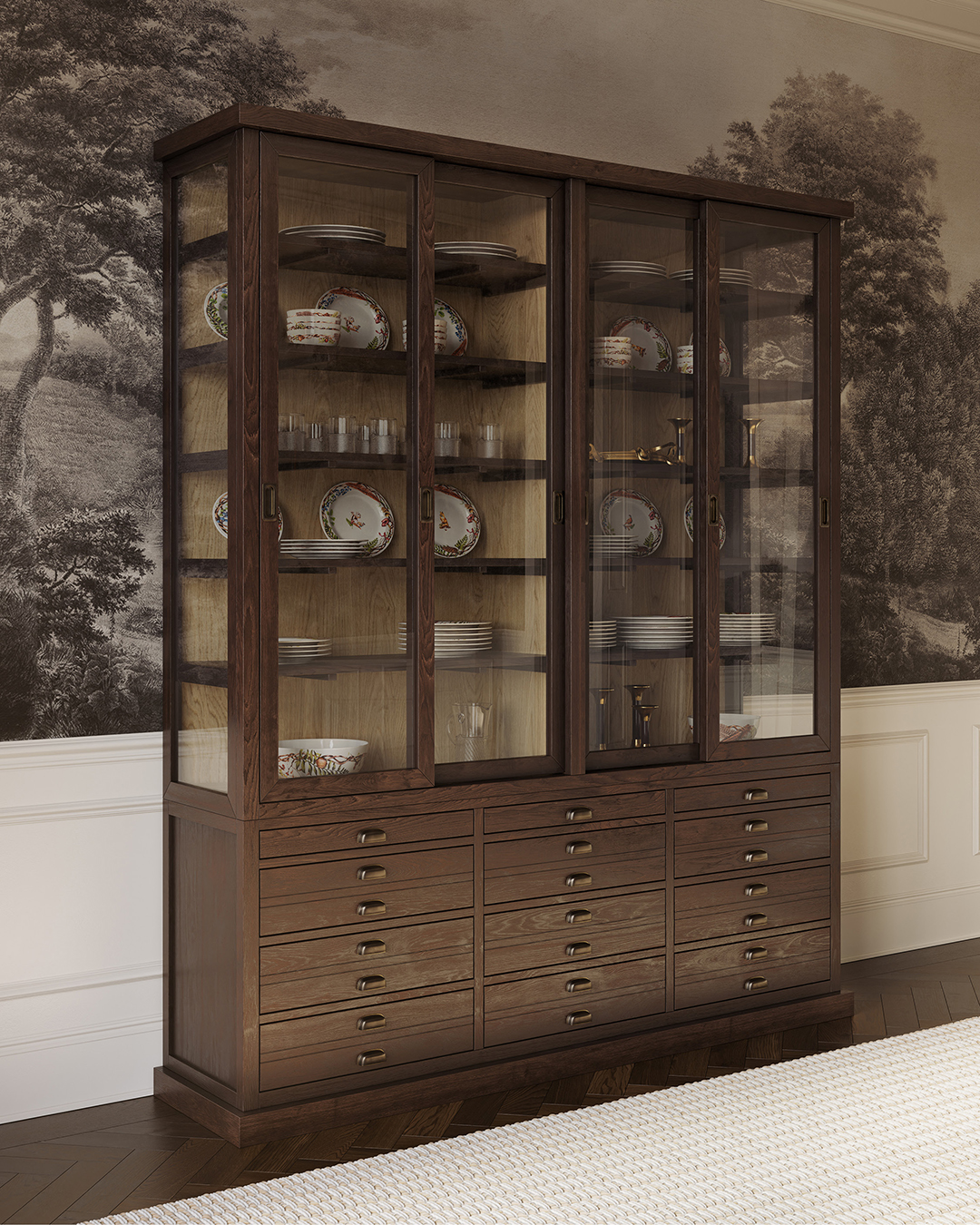 A large reclaimed wood display cabinet sits in a traditional dining room with mural wallpaper