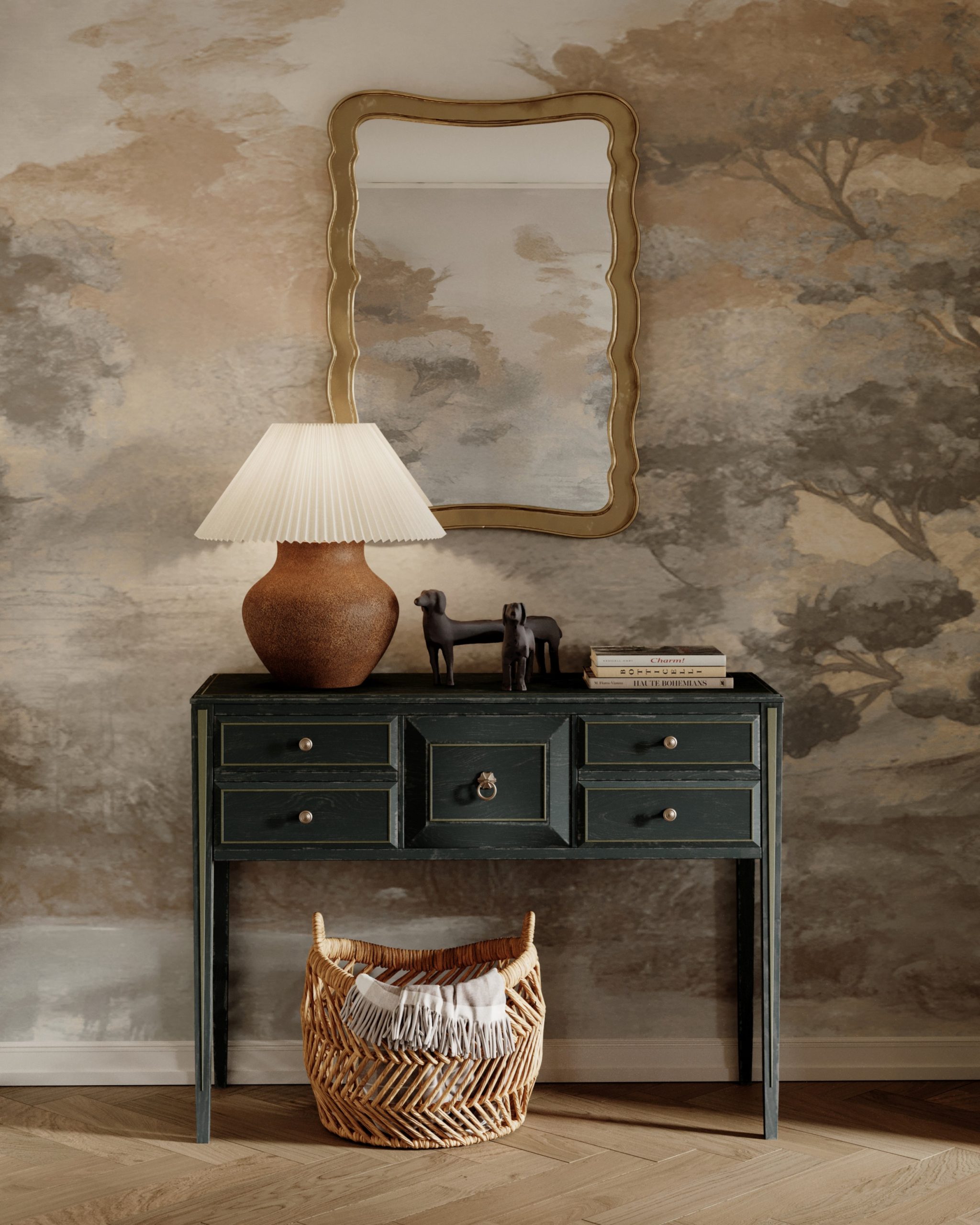 A console table with a ceramic lamp, decorative dog sculptures, and books on top of it