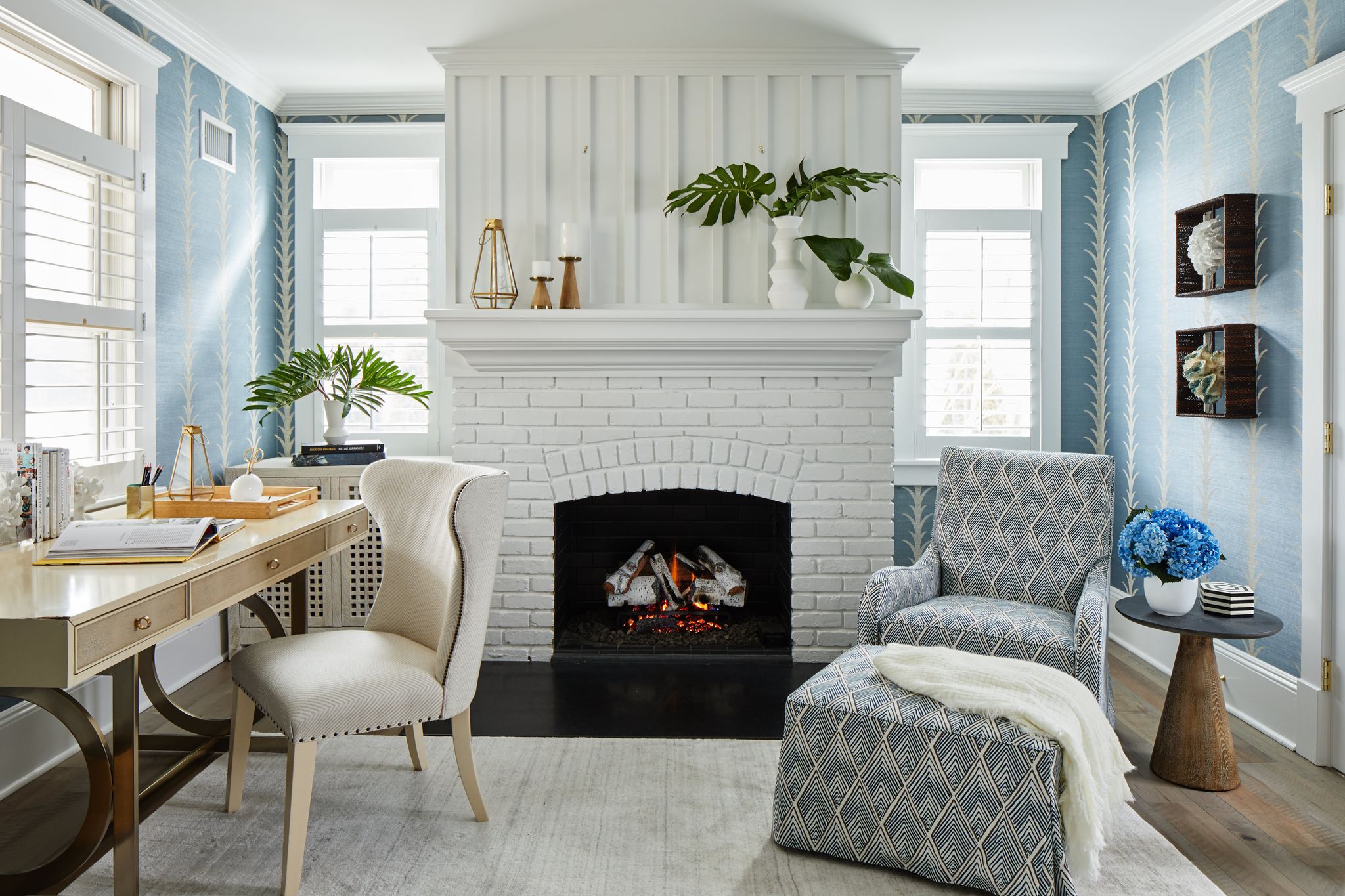 Schumacher Acanthus blue wallpaper in a coastal home office
