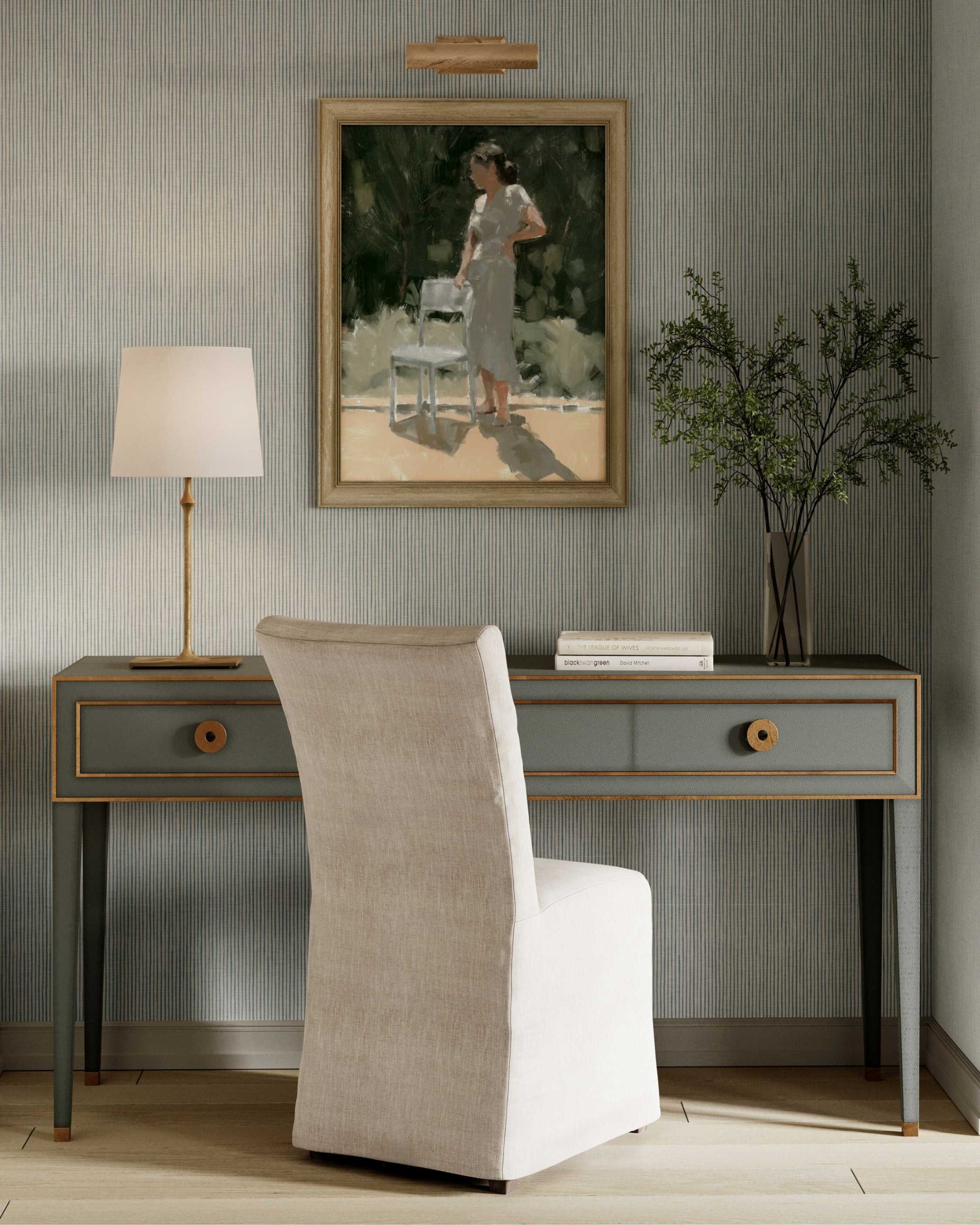 Kathy Kuo Home coastal striped green grasscloth wallpaper