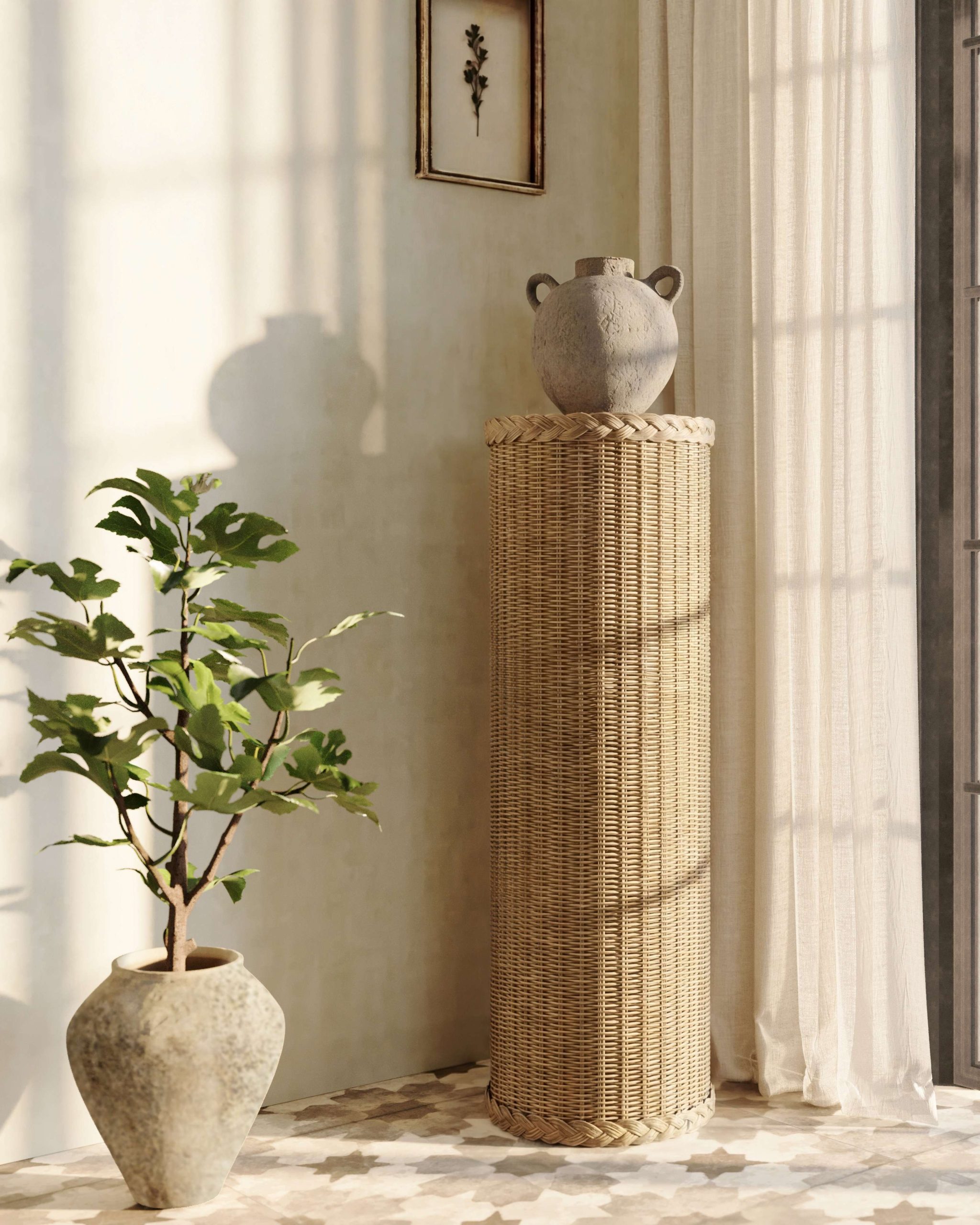 A woven rattan pedestal sits in a Tuscan dining room next to a papier mache vase