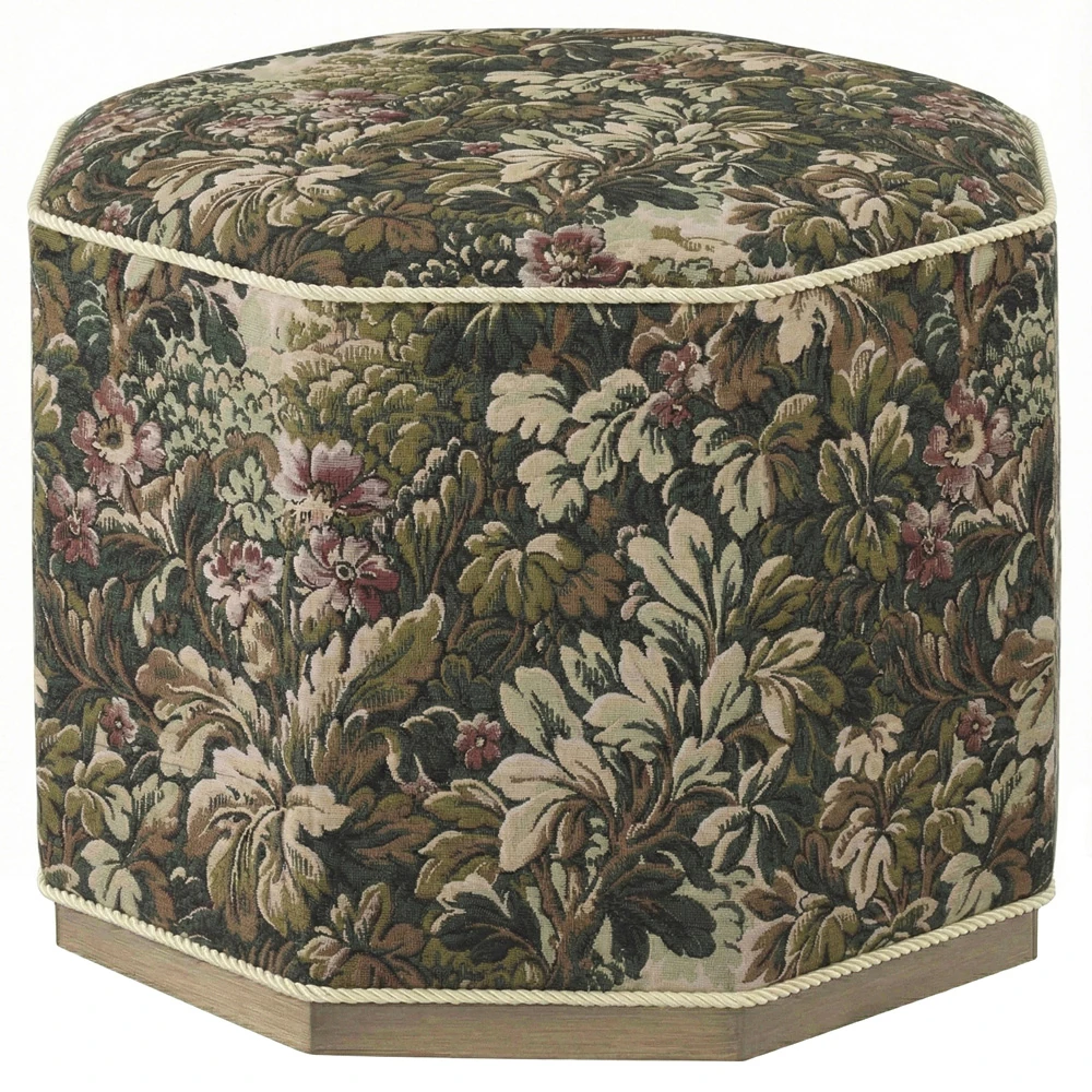Sola tapestry ottoman with twisted trim and wood base
