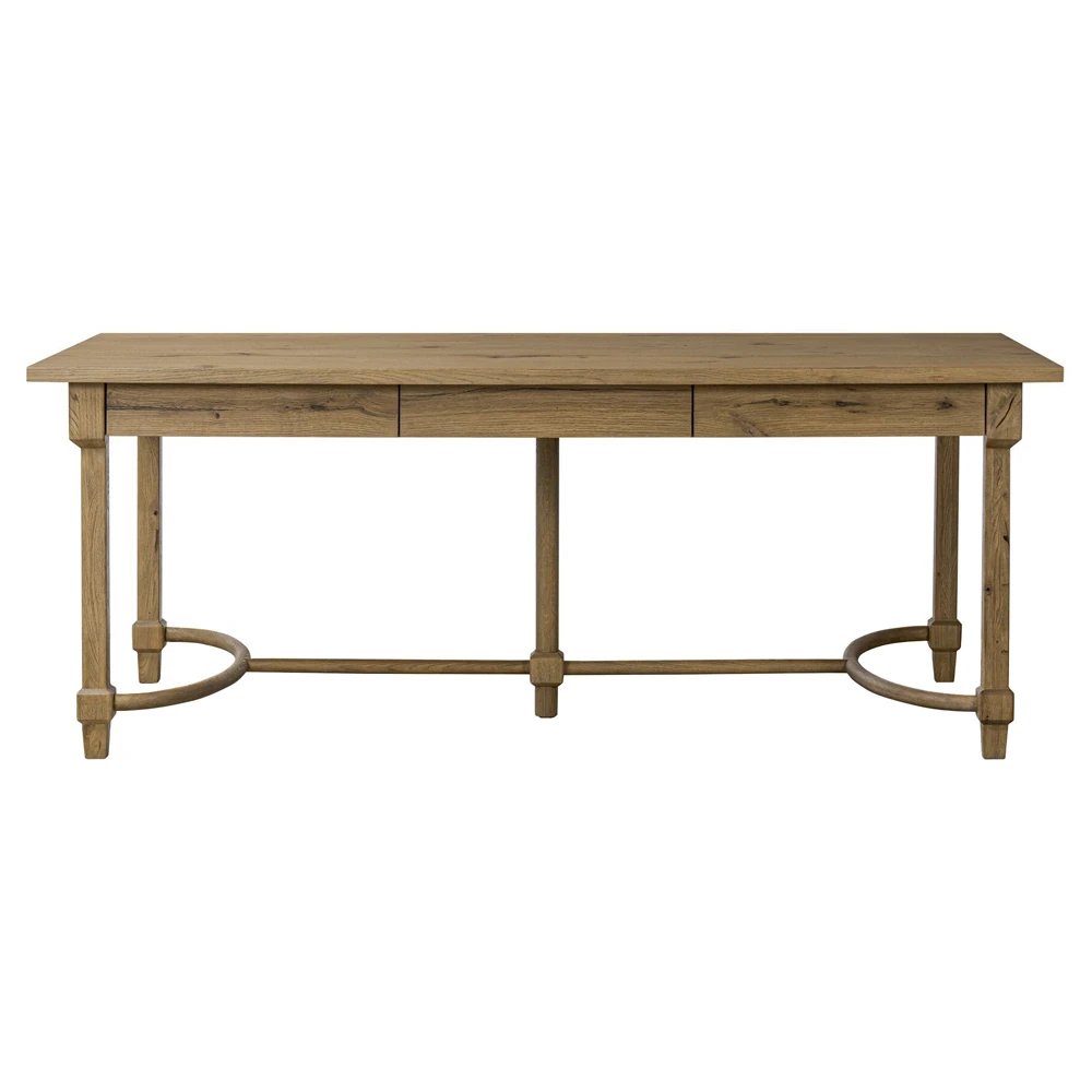 oak wood brown desk with curved frame and three drawers